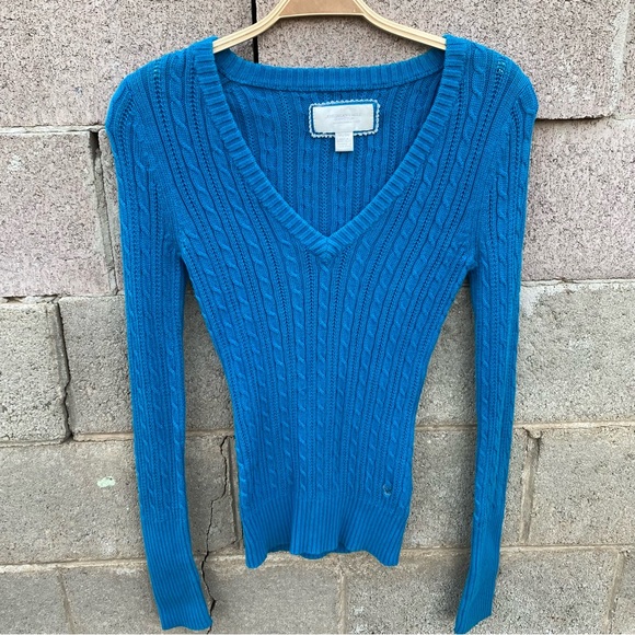 American Eagle Outfitters Sweaters - Y2K American Eagle Sweater Womens Medium Slim Blue Cable Knit Schoolgirl Preppy
